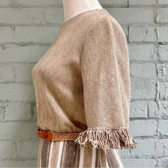 Vintage Woven Beige Striped Knit Midi Dress with Fringe - Picture 5 of 9